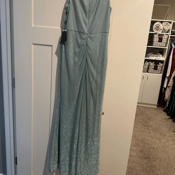 Adrianna Pappel gown, Smoke Mint. Mesh, cascade ruffle, high/low hem. - Picture 4 of 6